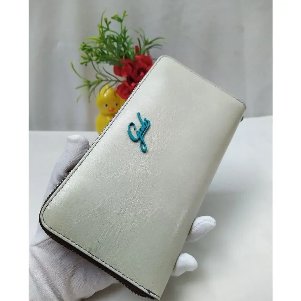 Gabs Gmoney 17 Puckered Basic Off White Leather Zip Around Credit Card Wallet